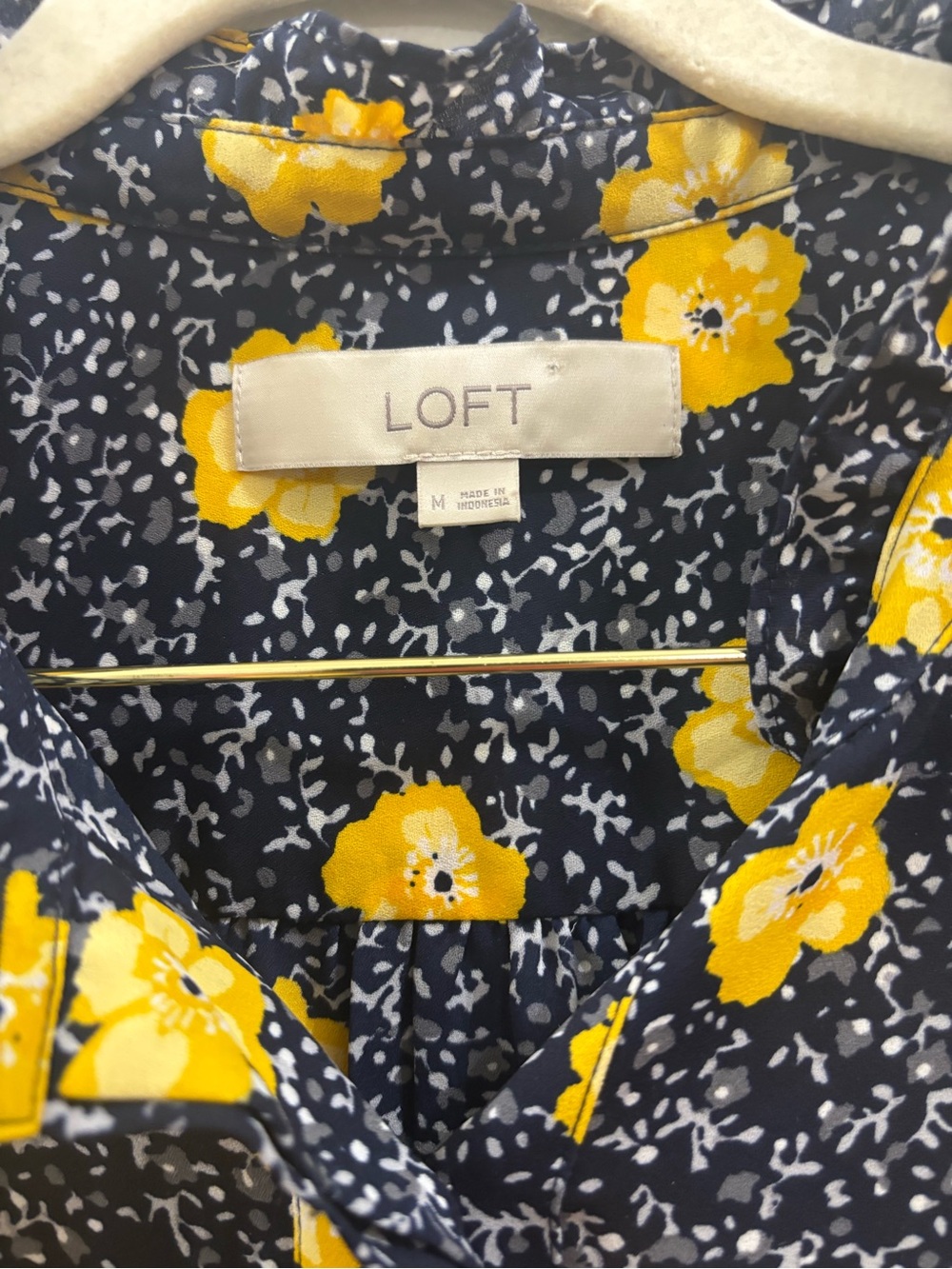 LOFT Navy Floral Ruffle Cap Sleeve Blouse with Yellow Flowers - Picture 2 of 3